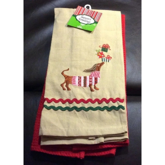 NWT Brown Dachshund Dog Christmas Kitchen Towels - Picture 1 of 2